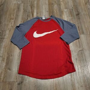 Nike Baseball  3/4 Length Raglan Sleeved Tee Shirt, Red Grey, Men's Size Medium